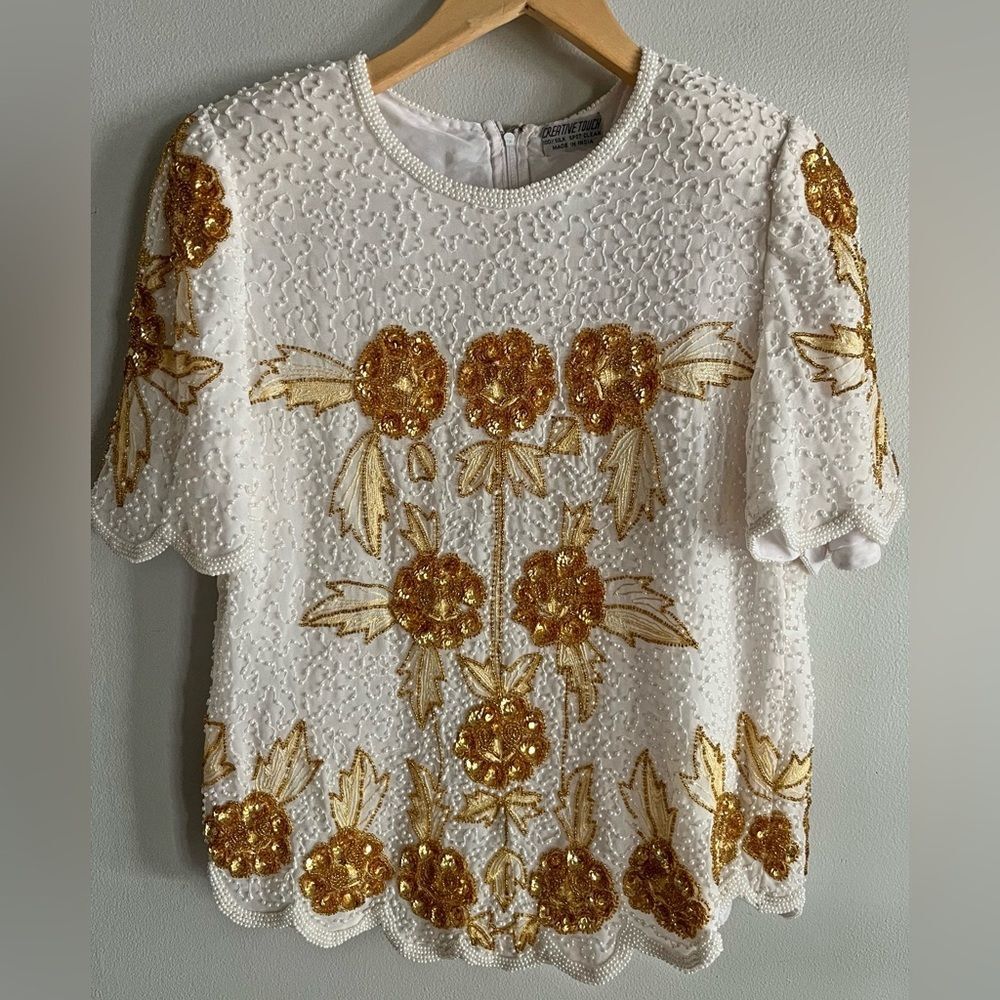 Vintage Silk Beaded Sequin Floral Top White Gold 80s Glam Party Blouse